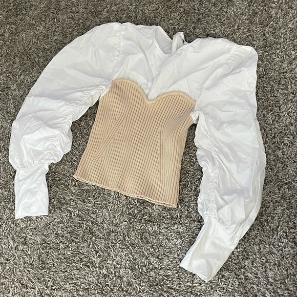 Fashion Nova Bustier Raglan Blouse White Tan - Picture 1 of 3